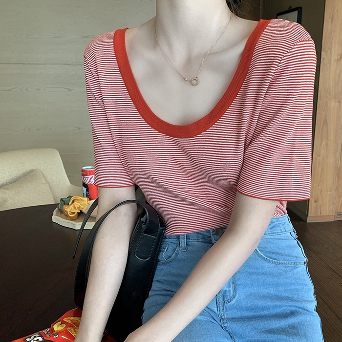 Suxi เสื้อยืดคอยูแขนสั้นทรงหลวมสไตล์เกาหลี