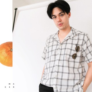 Mr.725 เสื้อเชิ้ตผู้ชายแขนสั้น ลายตาราง Plaid Off White สีขาว