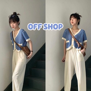 OFF SHOP พร้อมส่ง (OFF-A517) เสื้อไหมพรมแขนสั้น ดีเทลถักไหมพรมลายทางคิ้วมากก