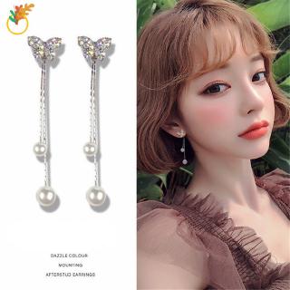 【COD Tangding】Butterfly Pearl Long Pendant Earrings Korea Fashion Party Accessory Earstuds