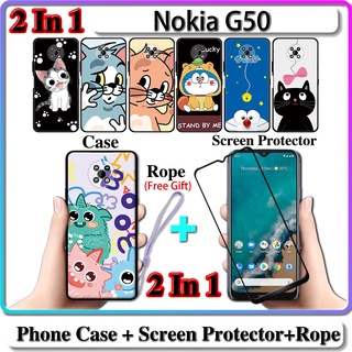 2 IN 1 เคส Nokia G50 พร้อมกระจกนิรภัยกันรอยหน้าจอโค้ง เซรามิค ลายแมวและโดราเอมอน