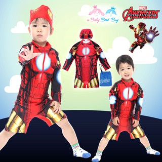 ชุดว่ายน้ำเด็กผู้ชาย Ironman เสื้อแขนยาว กางเกงขาสั้น มาพร้อมหมวกว่ายน้ำและถุงผ้า ลิขสิทธิ์แท้