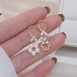 【พร้อมส่ง】ต่างหูสตั๊ด ประดับมุก คริสตัล เพทาย ทองแท้ 14K ฝังเพทาย รูปหมีจิ๋วน่ารัก สําหรับผู้หญิง