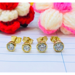 💎เพชร Cubic Zirconia กลมขอบเรียบ สีทอง ขนาด 5 mm.-6 mm. ใส่ไม่ลอก ไม่แพ้