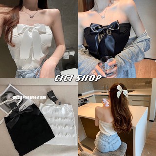 Cicishop(7833)เสื้อเกาะอกไหมพรม มีโบว์ตกแต่งสวยงาม(ถอดโบว์ออกได้ โบว์เป็นแบบเข็มกลัด)​ ใส่สวยดูดีมีราคา