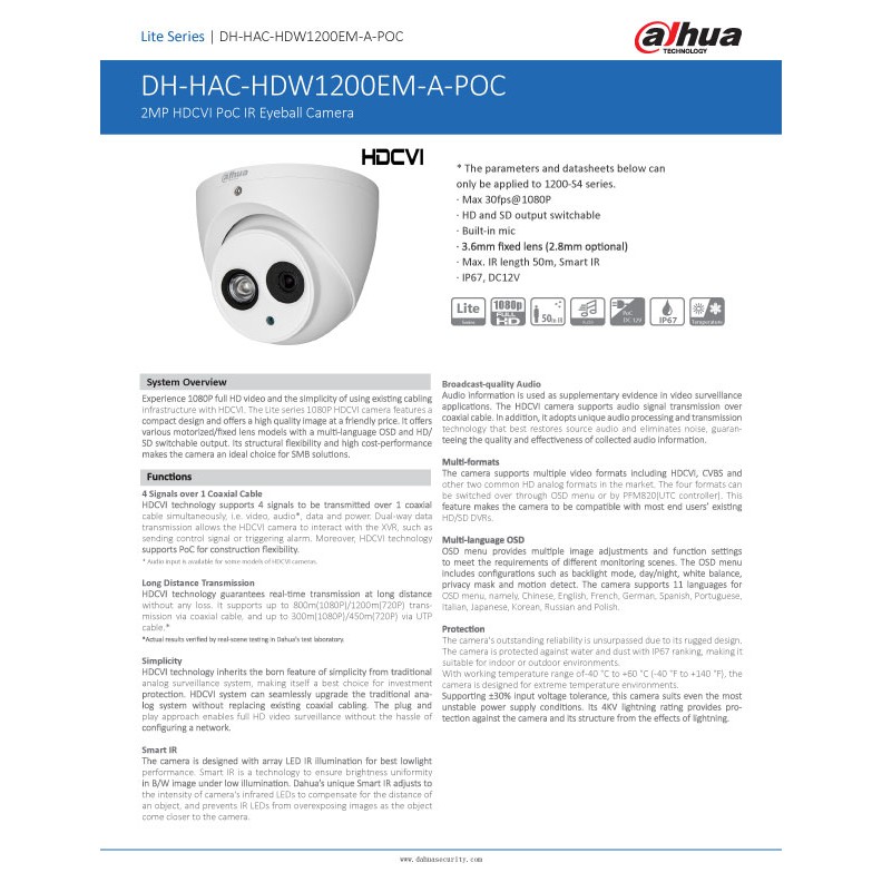 [5.15]มีส่งด่วน!! DH-HAC-HDW1200EM-POC  (2MP) / IR 50 เมตร เลนส์ 3.6mm ไม่มีไมค์ DAHUA กล้องวงจรปิด POC