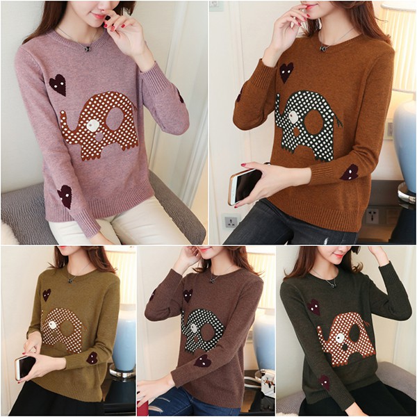 เสื้อไหมพรมวูลเนื้อนิ่ม แขนยาว ถักลายช้างน้อย (12268B)