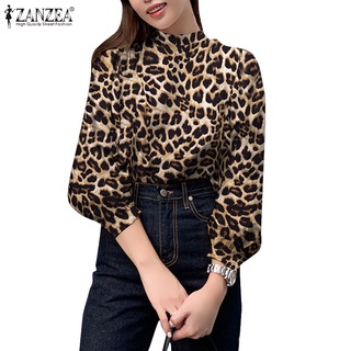 ZANZEA Women Casual Loose Collared Long Sleeve Leopard Print Blouse