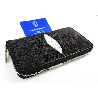Huncroc กระเป๋าสตางค์หนังปลากระเบนแท้ ซิปเดี่ยว สีดำ
