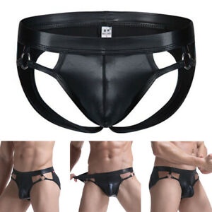 Jockstrapsกางเกงในชายเปิดก้น มีห่วง ซ้าย-ขวา หนังPU ดำเงา