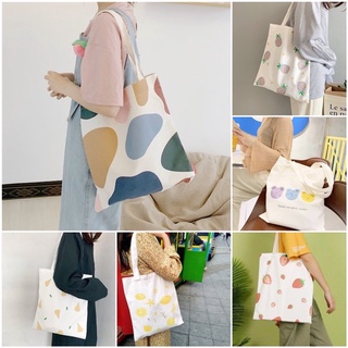 พร้อมส่ง ✨ กระเป๋าผ้า tote bag ถุงผ้าแฟชั่น กระเป๋าผ้าลายมินิมอล สับปะรด หมี แมวน้ำ ลูกพีช