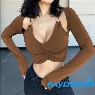 Bay-เสื้อครอปท็อปแขนยาว คอวีลึก สีพื้น แฟชั่นฤดูร้อน สําหรับผู้หญิง