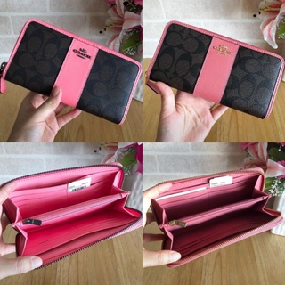 🎀 (สด-ผ่อน) กระเป๋าสตางค์ซิปรอบ สีน้ำตาลเข้มคาดชมพู F54630 ACCORDION ZIP WALLET IN SIGNATURE COATED CANVAS WITH LEATHER