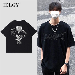 Ielgy เสื้อยืดแขนสั้น พิมพ์ลายตัวอักษร ดอกกุหลาบ สไตล์เรโทร สําหรับผู้ชาย