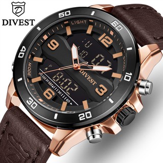 DIVEST Mens นาฬิกาแบรนด์หรูผู้ชายแฟชั่น LED Dual Display นาฬิกาควอตซ์ดิจิตอลผู้ชายสายหนังลำลองกันน้ำกีฬานาฬิกาทหาร