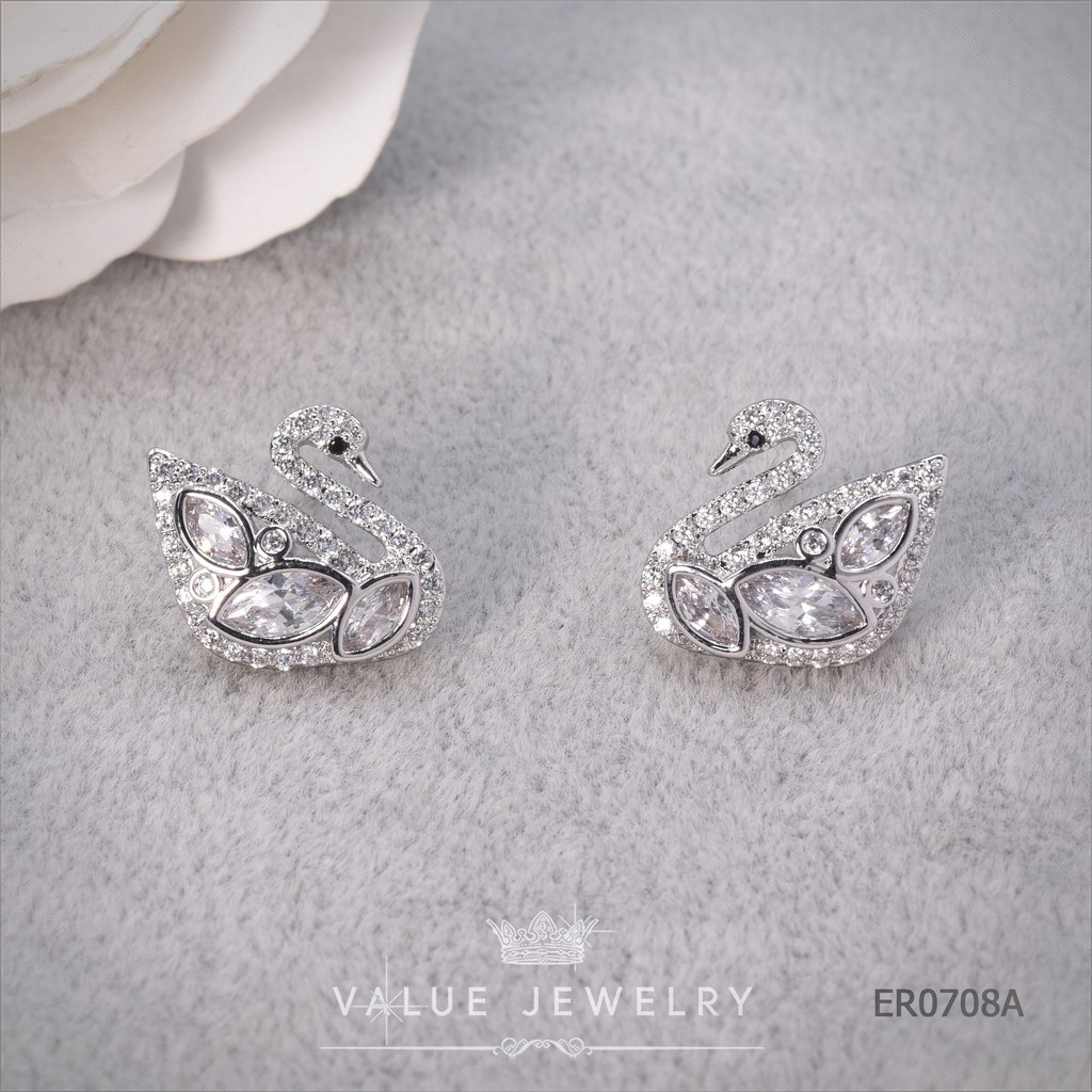 ต่างหูแบบแป้น ฝังคริสตัลทรงมาคี Marquise Shape ลายหงส์ Swan ก้านเงินแท้ ตุ้มหู เครื่องประดับ ER0708 ValueJewelry