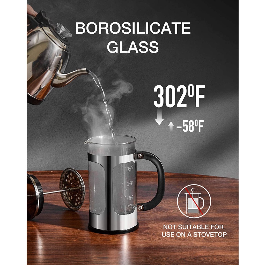 304 Stainless Steel Coffee Press with 4 Level Filtration System Heat Resistant Thickened Borosilicate Glass BAYKA French Press Coffee Tea Maker Copper 34 Ounce 