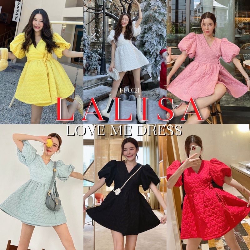 Flat2112 ส่งต่อ สีม่วง ใหม่ค่ะ FLAT2112  FF0121 LALISA LOVE ME DRESS เดรสผ้านวม แขนฟูแบบสั้น