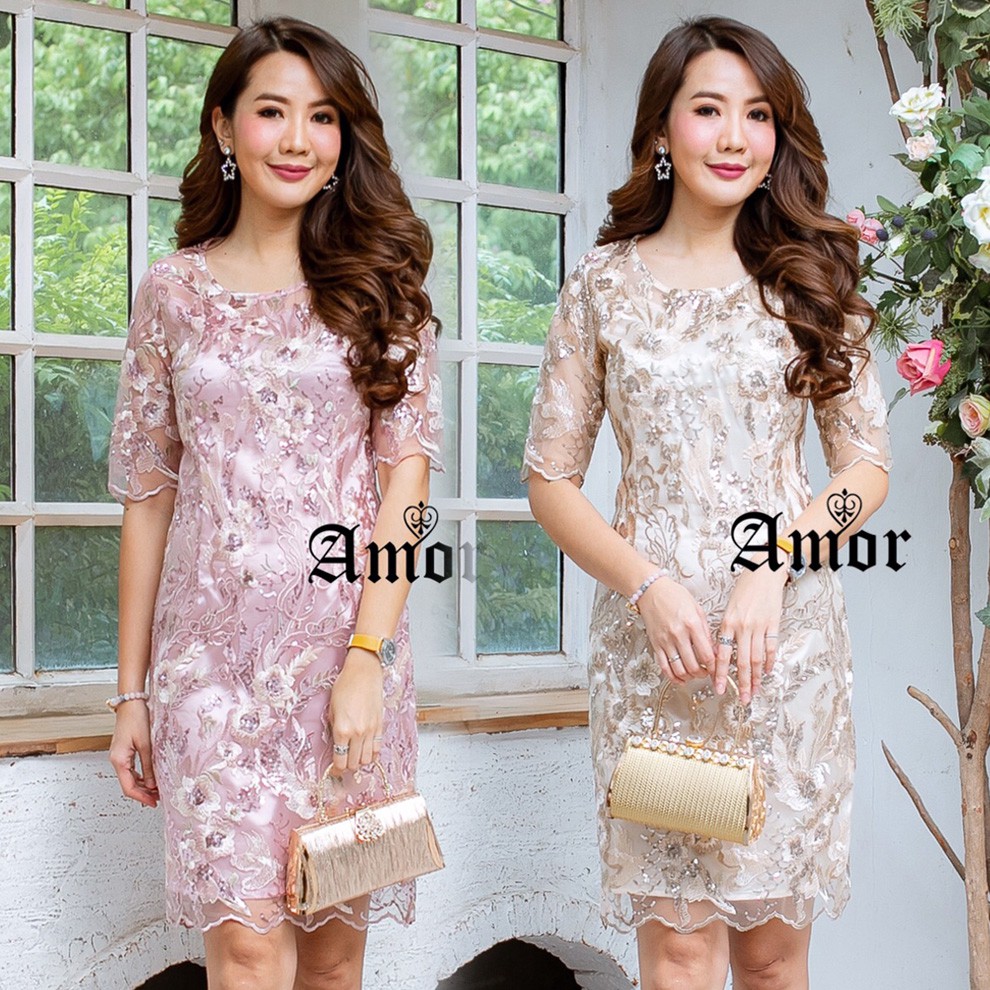 M-4XL💥ชุดเดรสลูกไม้สีทอง/สีชมพูกะปิ สวยมาก #Amor