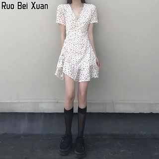 Ruo Bei Xuan เดรสคอวีแขนสั้นลายดอกไม้สไตล์เกาหลีสำหรับผู้หญิง