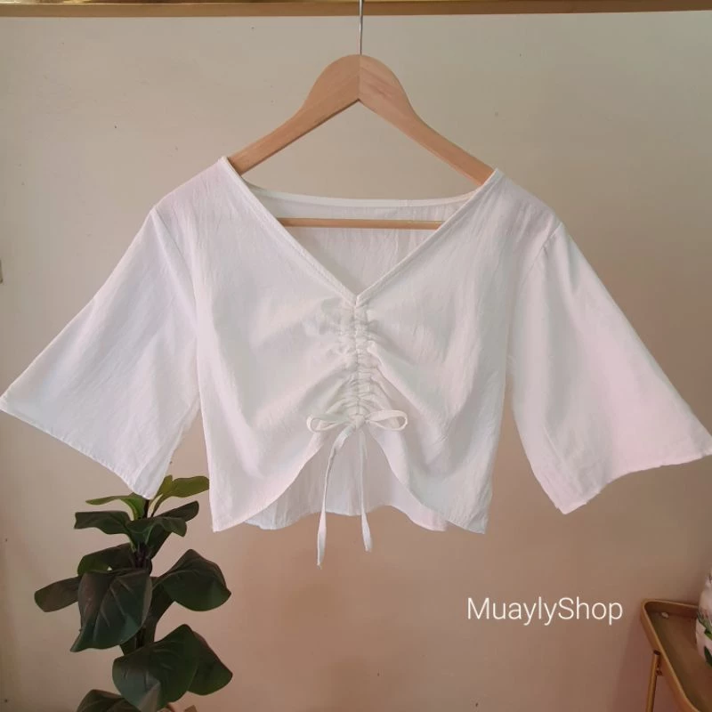 เสื้อครอปแขนสั้น คอวี ลินิน ลายสก๊อต/ปัก มินิมอล thumbnail 3