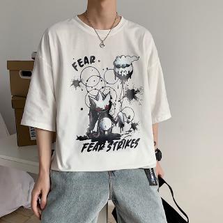 FEAR เสื้อยืดคอกลมแขนสั้น Oversize ผู้ชาย สไตล์เกาหลี แฟชั่น ลายการ์ตูน Men Short Sleeve T-Shirt(สีขาว สีดำ สีน้ำเงิน) M-2XL