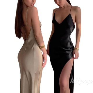 Hitpop-Women Sexy Split Dress, Solid Color Deep V-neck Sleeveless Long One-piece, Black/ Apricot