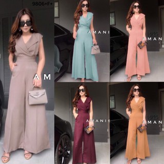 **สอบถามก่อนสั่งนะคะ**TW9806   Jumpsuit จั้มสูทแขนกุด คอปกสูท ผ้าโฟร์เวย์สีพื้น ทรงขากระบอกกว้าง