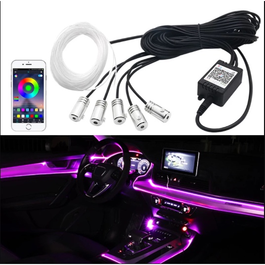 6 in 1 รถ RGB LED บรรยากาศรถภายใน Ambient Light ไฟเบอร์ออปติกแถบ Light โดย App ควบคุม DIY เพลง 8M ไฟเบอร์ออปติก Band Light Strip