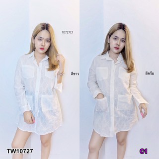 TwinsShopVip💗พร้อมส่ง TW10727 เดรสเชิ้ตลูกไม้แขนยาว