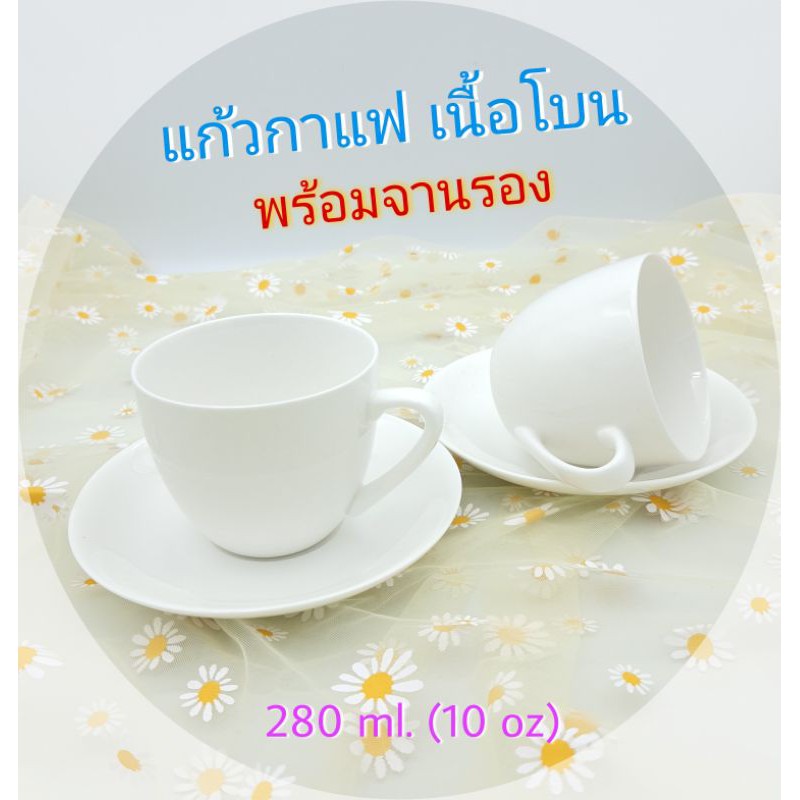 แก้วกาแฟ ถ้วยกาแฟ ถ้วยชา แก้วกาแฟร้อน พร้อมจานรอง สีขาว เนื้อโบน ขนาด 10 ออนซ์ (280 มิลลิลิตร)