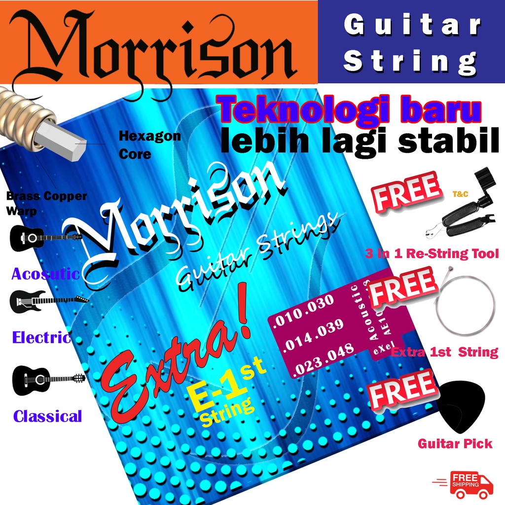 อะคูสติกคุณภาพมอร์ริสัน ไฟฟ้า. ชุดสายกีตาร์คลาสสิก 6 สาย ชุด Tali gitar Tali Gitar Akustik