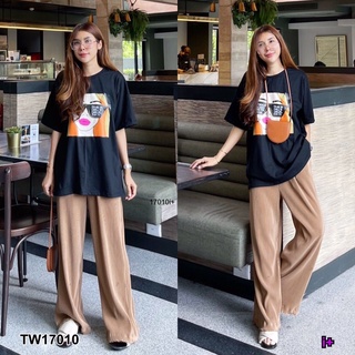 TW17010 set 2 ชิ้น ซตเสื้อแขนสั้นทรง oversize สกีนหน้าผู้หญิง เนื้อผ้าคอตต้อน + กางเกงทรงยอดฮิต ผ้าอัดพลีท