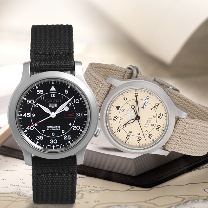 ℡☌SEIKO Seiko No. 5 นาฬิกากลไกทหารผ้าใบไนลอนเข็มขัดผู้ชายนาฬิกา SNK809/807/805/803/K2