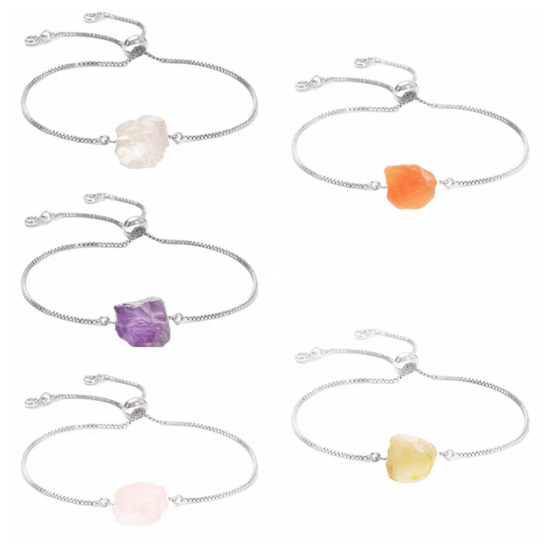 Minimalist Dainty สร้อยข้อมือแบบปรับได้ไม่สม่ําเสมอหินดิบ Rose Quartz Citrine Carnelian สร้อยข้อมือลูกปัดโซ่
