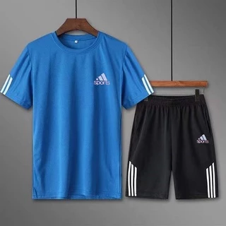 【เสื้อ+กางเกงขาสั้น】ชุดกีฬาผู้ชายสบาย ๆ กลางแจ้งแห้งเร็วระบายอากาศแขนสั้นเสื้อยืดคอกลมไซส์ใหญ่วิ่งออกกำลังกาย