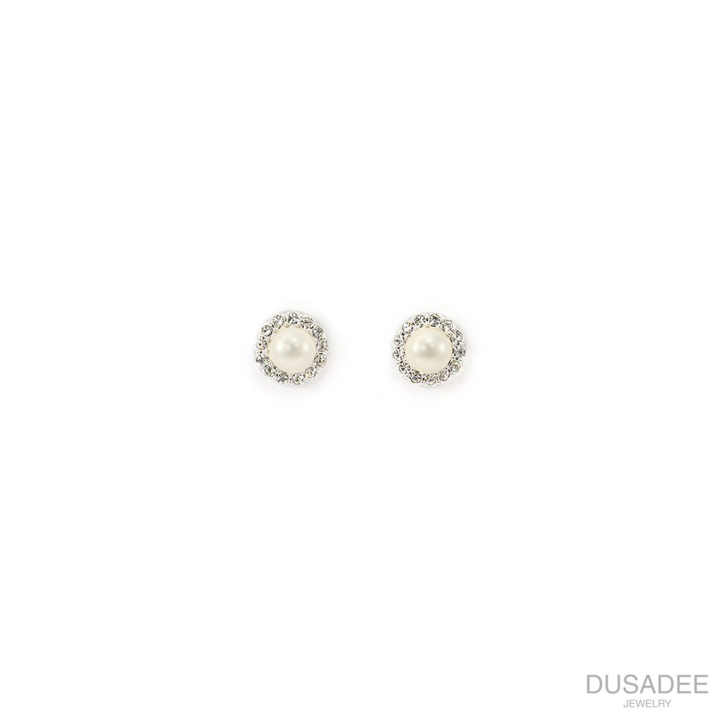 Classic Pearl Earrings ต่างหูเงินแท้ ชุบทองคำขาว ประดับเพชรสวิตน้ำ100 แบรนด์ Dusadee Jewelry