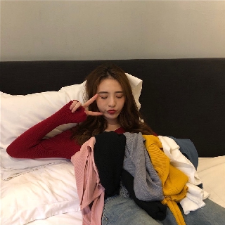 Knitted V-neck เสื้อไหมพรมคอวีสีพื้นแขนยาว #9967