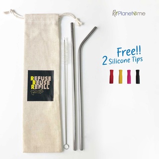 หลอดสแตนเลสแท้  ขนาดแก้วเยติ 26.7 cm x 6 mm แถมฟรี! ปลอกซิลิโคน &amp; ถุงผ้าดิบ || Metal YETI Tumbler Straw Set