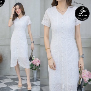 พร้อมส่งเดรสขาวรับงานบุญ!!! S-6XL Dress เดรสสีขาวแขนสั้นผ้าฉลุลายแต่งกระดุมหน้า งานป้าย Tarm Ha