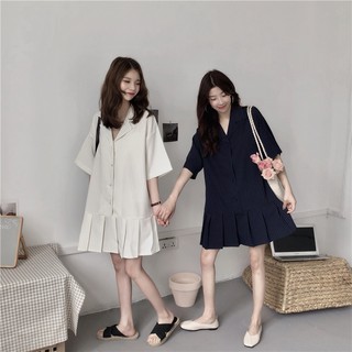 ขายส่ง พร้อมส่งNavy white korean dress ชุดเดรสสั้นจีบปลาย