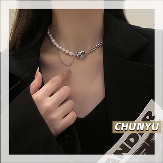 CHUNYU               สร้อยคอโซ่และไข่มุก ประดับจี้คริสตัลรูปหัวใจ สีเงิน เครื่องประดับแฟชั่น สำหรับผู้หญิง   #248