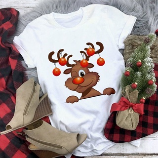 เสื้อยืดผ้าฝ้าย เสื้อยืดคริสต์มาสChristmas Party Merry Christmas Womens Reindeer T-shirt Harajuku Fashion Women Short S