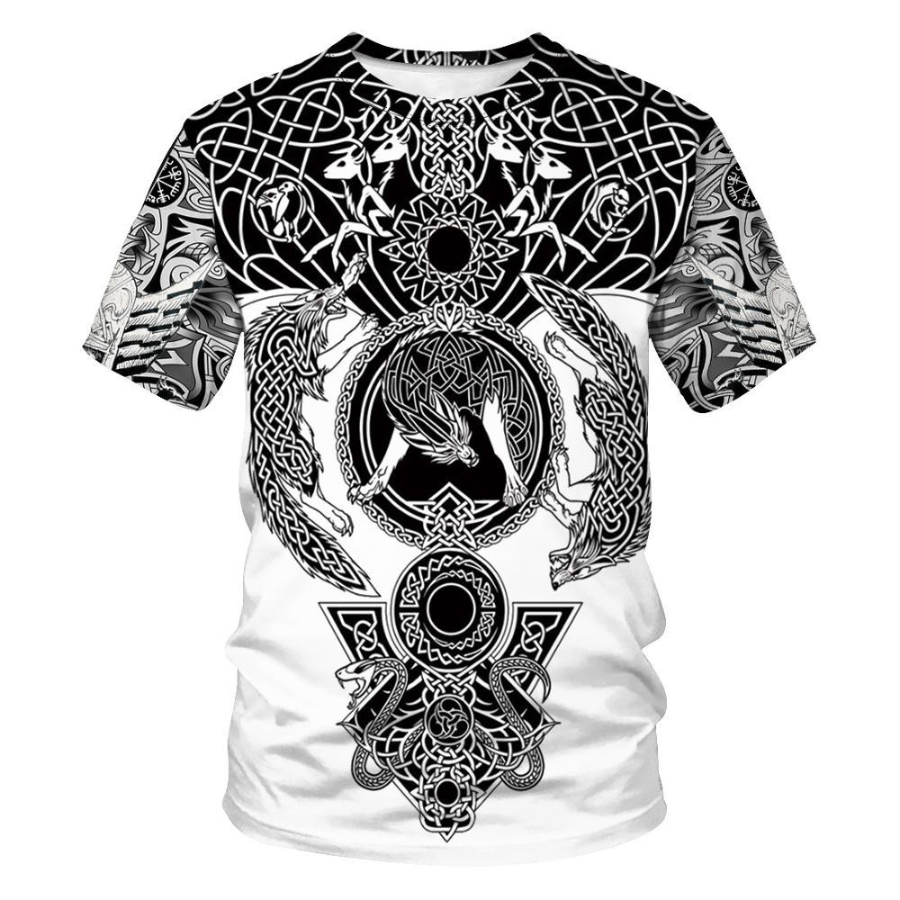 เสื้อยืดแขนสั้น คอกลม พิมพ์ลายรอยสัก Viking 3 มิติ แฟชั่นฤดูร้อน สําหรับผู้ชาย 2021