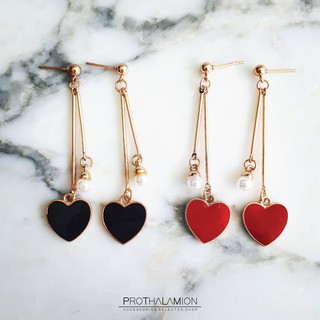 Korea Cute Pearl Red Black Heart Gold Earrings : ต่างหู ตุ้มหู เกาหลี สีทอง รูป หัวใจ แดง ดำ แต่ง มุก น่ารัก