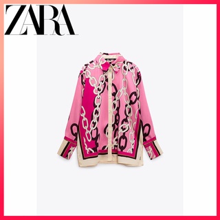 Zara ใหม่ เสื้อเชิ้ตแขนยาว คอปก ผ้าเดรป พิมพ์ลายโซ่ สําหรับผู้หญิง