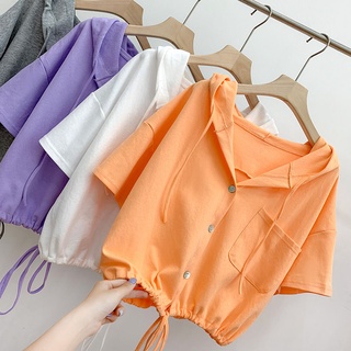 🎐Mykids🎀เสื้อยืดแขนสั้นเด็กผู้หญิง 2021 new big kids แขนสั้นบาง hooded western สไตล์สีทึบ top