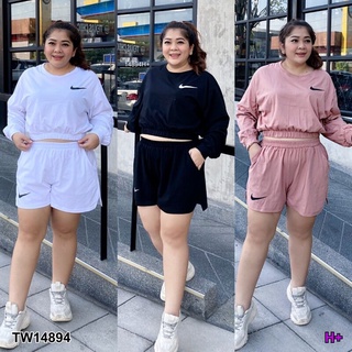 👗Pfashion [ส่งไว!!🚛] P14894 Set #BigSize เสื้อแขนยาวจั๊มเอว+กางเกงขาสั้น สกรีนลาย