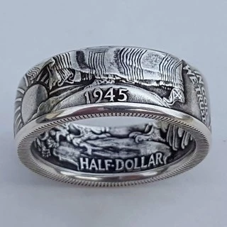 24K Gold Plated Handmade เหรียญแหวน Vintage Morgan Silver Half Dollar 1945 แกะสลัก "the United State of Ring