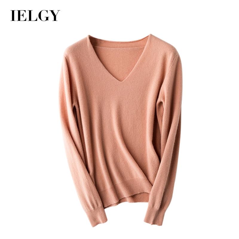 IELGY เสื้อยืดทรงหลวมแขนยาวคอวีหรูหรา - รูปที่ 7